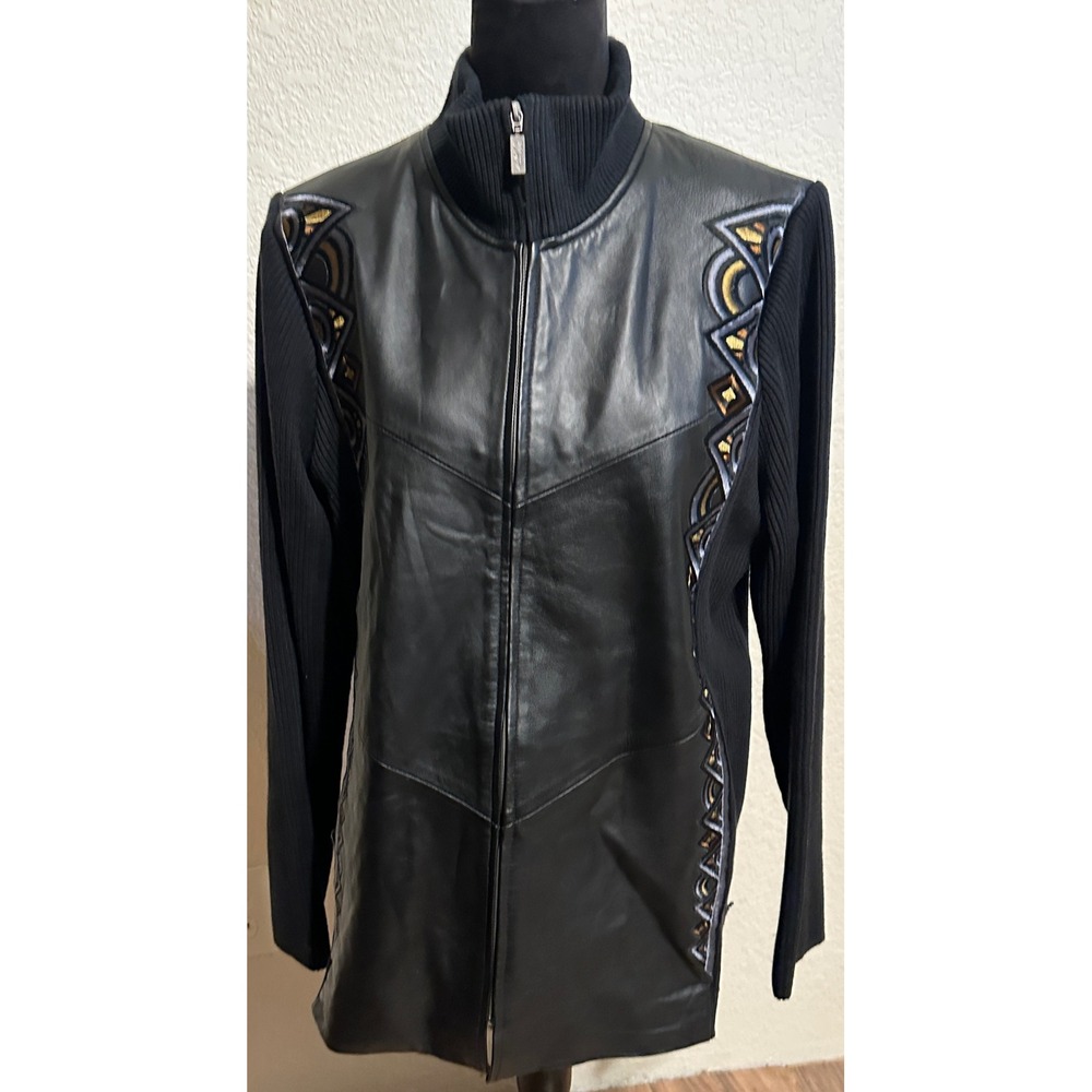 Bob Mackie Wearable Art Black Leather Knit Sleeve Embroidered Jacket Large